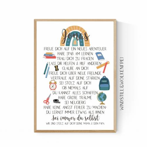 Geschenk zur Einschulung Schulanfang Wünsche Mutmacher Poster Jungen Jungs Name personalisierbar mit Name