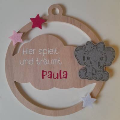 Türschild "Elefantenmädchen" fürs Kinderzimmer aus Holz "Hier spielt "/ Wolke / Geschenk zur Geburt, Tau