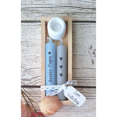 2 Stabkerzen mit Halter im Set in einer Eichen-Holzbox ~ Kerzen "Bester Papa" ~ Deko Kerze Vatertag
