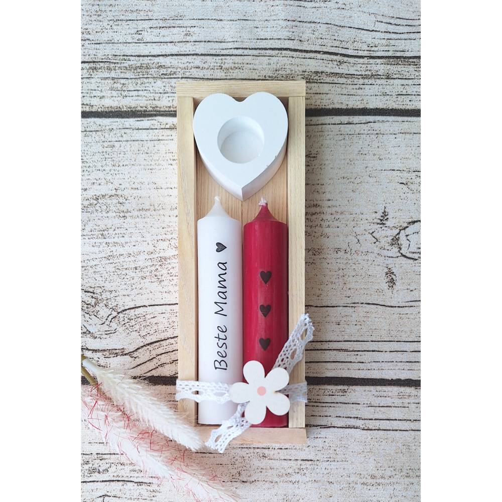 2 Stabkerzen mit Halter im Set in einer Eichen-Holzbox ~ Kerzen