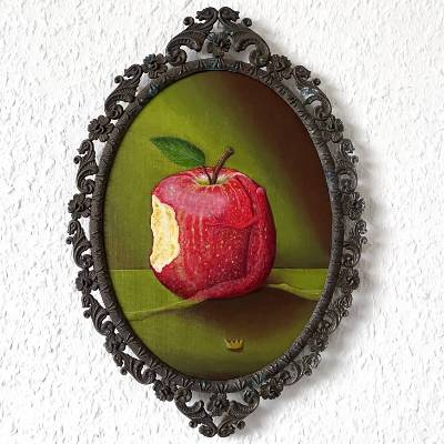 Der Apfelfrosch, Froschkönig, Froschbild, Stilleben, Originalbild, Acrylmalerei, Unikat, Obst, Apfel