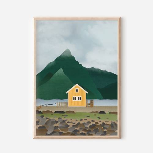 Norwegen Poster Reise Kunstdruck Skandinavien - Gelbes Haus im Fjord - Wanddeko Norwegen - Skandinavien Poster - Schwede