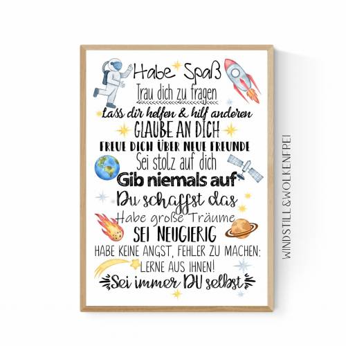 Geschenk zur Einschulung Schulanfang Wünsche Mutmacher Poster Kinderzimmer Druck Astronaut Weltall Jungen Jungs weiß
