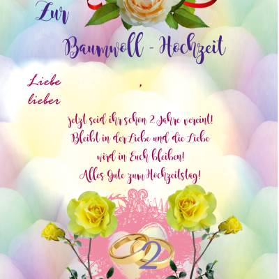 Karte Glückwünsche zur Baumwoll - Hochzeit, 2. Hochzeitstag