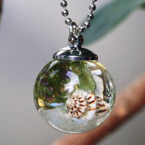 Muschel Kette Mondstein und Moos Aquarium oder Terrarium in Gießharz verewigt ein Stück Meeresboden als Halskette