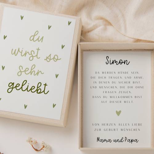 Geschenkschachtel zur Geburt "du wirst geliebt" grün - Geldgeschenk Baby neue Eltern - personalisiertes Geburtsg