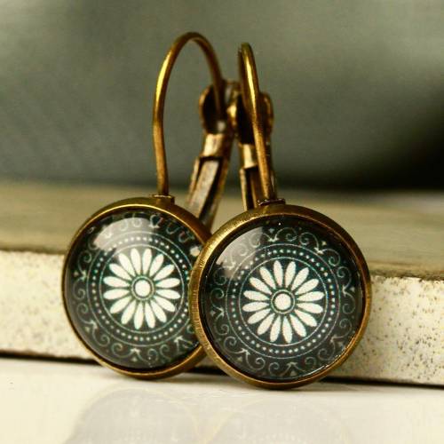 Ohrringe Glascabochon Mandala Portugal im antik bronzefarbenen Vintage Style Portugiesische Fliese