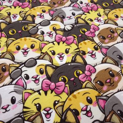 Stoff Baumwolle French Terry Sweatshirtstoff Partyanimals Katzen Kätzchen Design curry gelb grau pink bunt Kleiderstoff