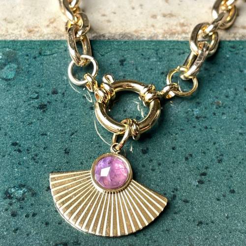 Kette Fächer Amethyst Lagenlook mit massiver Gliederkette vergoldet