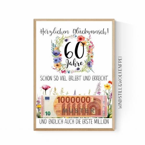 Geschenk zum 60.Geburtstag | Geldgeschenk | Poster| Sechzig | Sechzigster | Blumen Freundin Oma