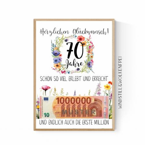 Geschenk zum 70.Geburtstag | Geldgeschenk | Poster| Siebzig | Siebzigster | Blumen