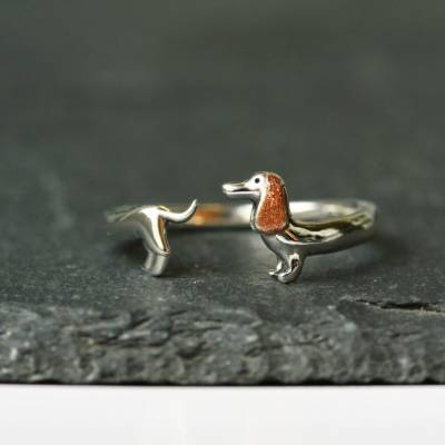 Silber Ring Dackel aus 925 Sterling mit per Hand verkupfertem Ohr das perfekte Geschenk