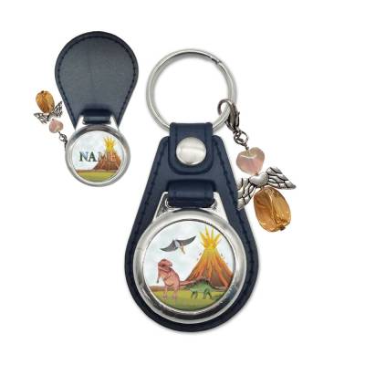 Metall Kunstleder Schlüsselanhänger mit Name und Dino Motiv | abnehmbarer Schutzengel in 3 Farben zur Auswahl