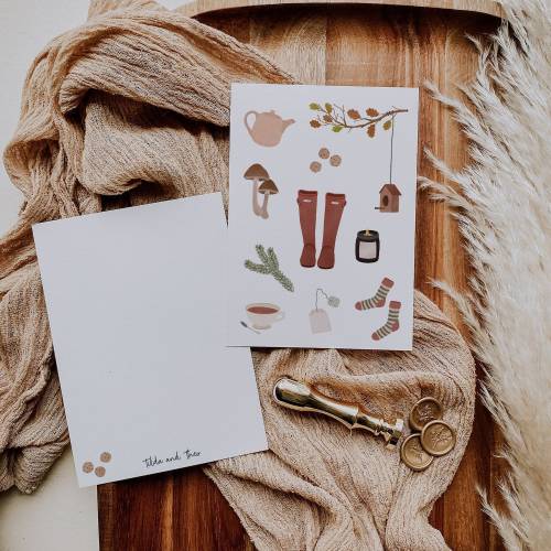 Postkarte Herbstliebe Herbstliche Grußkarte mit Herbst Essentials - Illustrationen Herbst als Dankeskarte - Gummistiefel
