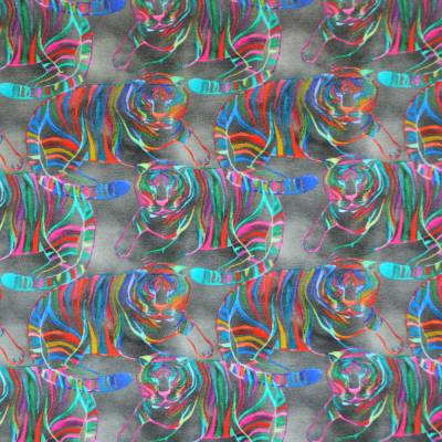 ♕ Jersey mit bunten Tiger auf grauem Untergrund 50 x 150 cm Nähen Stoff Raubkatze ♕