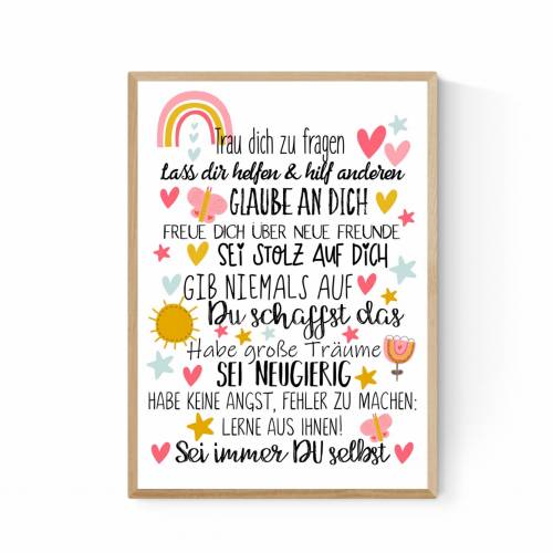Geschenk zur Einschulung  Schulanfang Wünsche Mutmacher Poster Kinderzimmer Druck Regenbogen