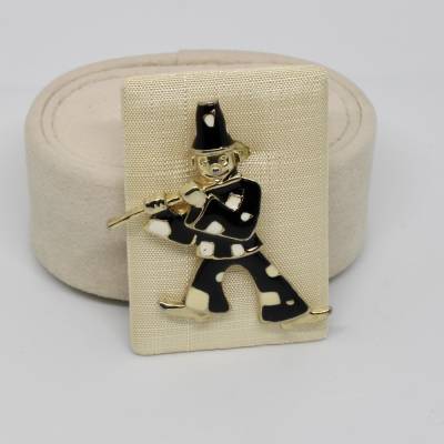 Vintage Anhänger Goldfarbe Clown - Harlekin - Flötenspieler beweglich Emailliert in schwarz
