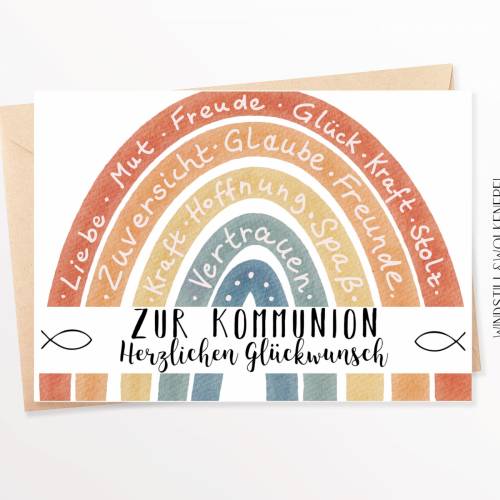 Karte Kommunion Kommunionskarte Glückwünsche Glückwunschkarte Erstkommunion Regenbogen