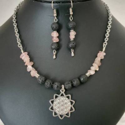 Keltische Blume des Lebens Halskette mit Lava Perlen & Rosenquarz Splittern /Keltische Kette/ Rustikaler Schmuckset