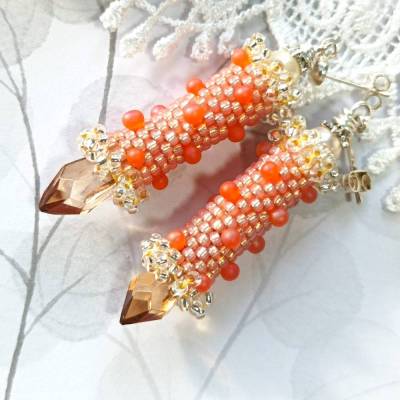Ohrstecker orange apricot pastell Silber handgestickt handgemacht