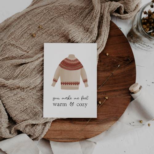 Postkarte Pullover "feel warm & cozy" - A6 Karte Weihnachten Norweger Pulli Liebe - Island Weihnachtsgrüße 