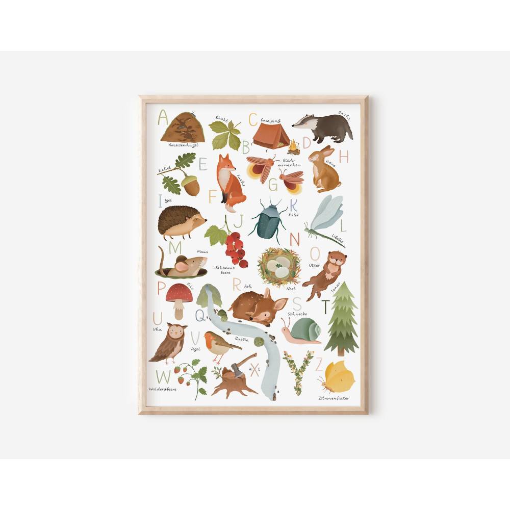 Poster Wald ABC Alphabet Poster fürs Kinderzimmer - Waldtiere Alphabet - Poster zum Schulanfang - Waldtiere Alphabet Bild 1