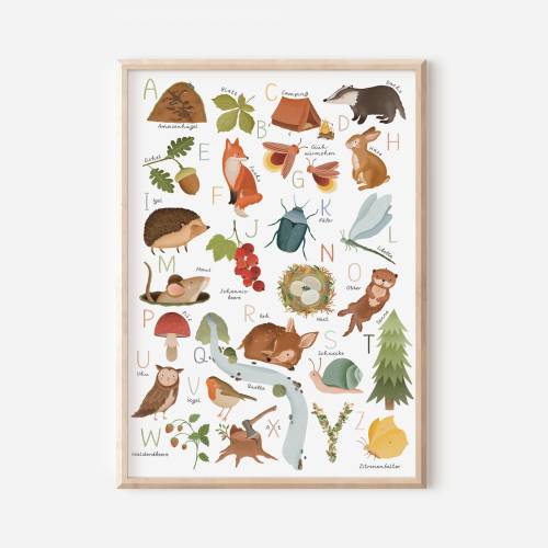 Poster Wald ABC Alphabet Poster fürs Kinderzimmer - Waldtiere Alphabet - Poster zum Schulanfang - Waldtiere Alphabet