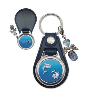 Metall Kunstleder Schlüsselanhänger mit Name und Delfin Motiv | abnehmbarer Schutzengel in 3 Farben zur Auswahl