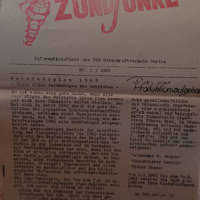 Der Zündfunke - Informationsblatt des VEB Güterkraftverkehrs Berlin  Nr. 1 / 1962