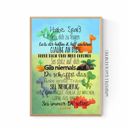 Geschenk zur Einschulung Schulanfang Kindergartenstart Wünsche Mutmacher Poster Kinderzimmer  Dinos Dinosaurier Jungen J