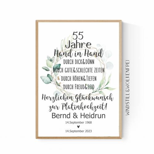 Geschenk zur Platinhochzeit Wünsche Poster Druck personalisiert mit Namen