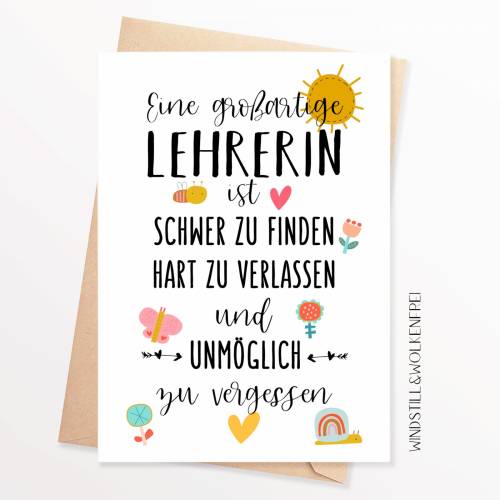 Abschiedskarte Lehrerin  Grundschule Schule Abschiedsgeschenk Karte Dankeskarte