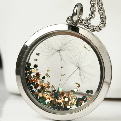 Medaillon Pusteblume Glitzer Blattgold  Terrarium im Edelstahl Medaillon florale Glücksbringer  Geschenk Frauen Freundin