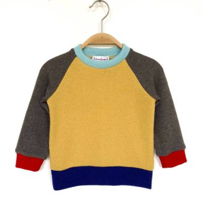 Pullover 100% recycelter Kaschmir Größe 86 gelb braun Upcycling Kinderpullover Colorblockpullover Kaschmirpullover