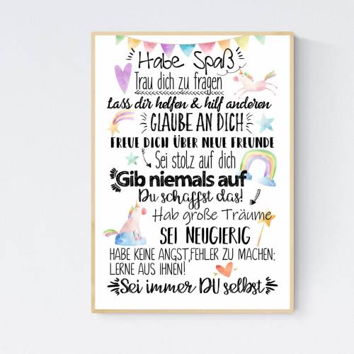 Geschenk zur Einschulung  Schulanfang Wünsche Mutmacher Poster Kinderzimmer Druck Einhorn