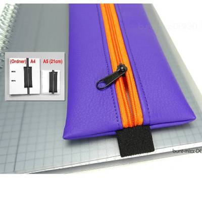 Mäppchen mit Gummiband für Ordner A4 Notizbuch Kalender A5, Kunstleder LILA Zipper ORANGE, by BuntMixxDESIGN ©