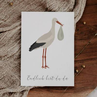 Postkarte Storch "Endlich bist du da" - A6 Karte zur Geburt - Babykarte zur Geburt