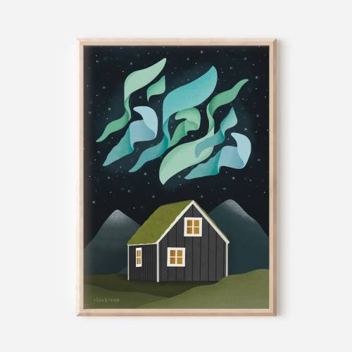 Nordlichter Poster Island Reise Kunstdruck Skandinavien - Island Haus Aurora Borealis - Wanddeko Island - Nordlicht Kuns