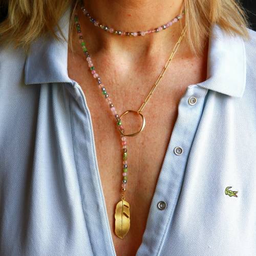 Edelstein Halskette Blatt eine edle Lariat Kette im Boho Style oder Lagenlook für Frauen mit Rosenquarz, Chalzedonen