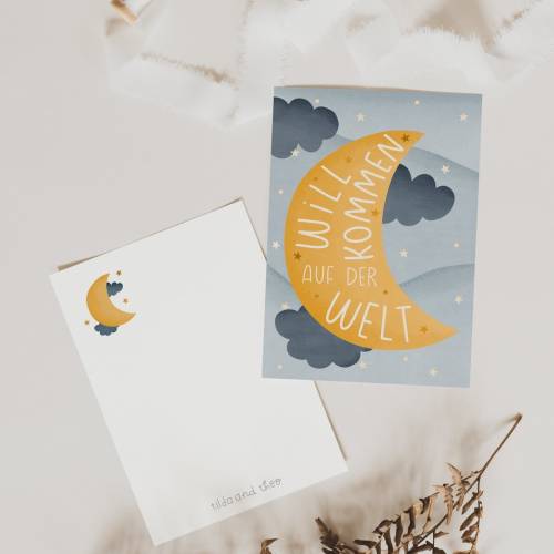Postkarte Geburt Mond A6 Geburtskarte Baby Nachthimmel - Geburtskarte Mond - Geburtsgeschenk Eltern - Glückwunschkarte B