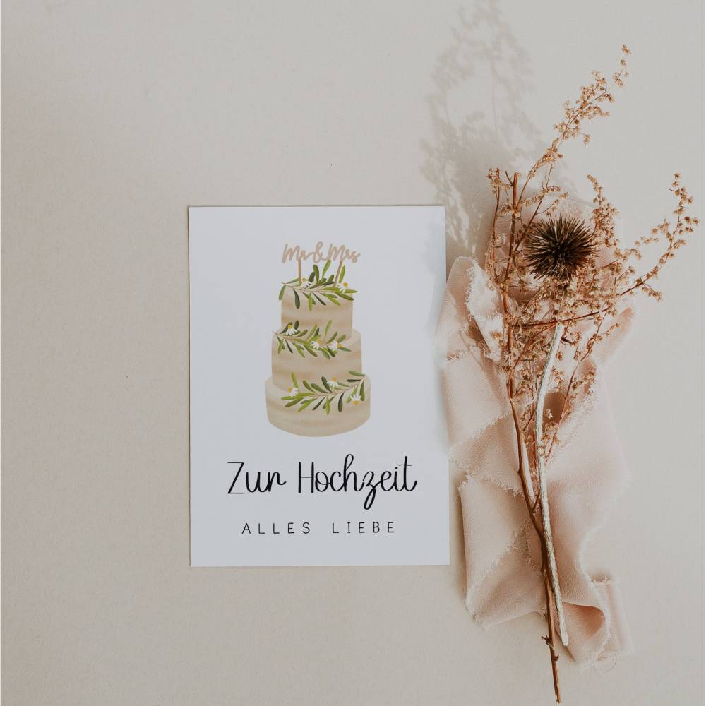 Postkarte Hochzeit Glückwünsche Hochzeitstorte - A6 Hochzeitskarte Hochzeit - Glückwünsche zur Hochzeit - Postkarte Tort Bild 2