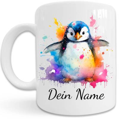 Pinguin Tasse mit Name - bunt fröhlich - personalisiertes Geschenk Mädchen Junge Pinguin Fan - Tier Motiv Becher