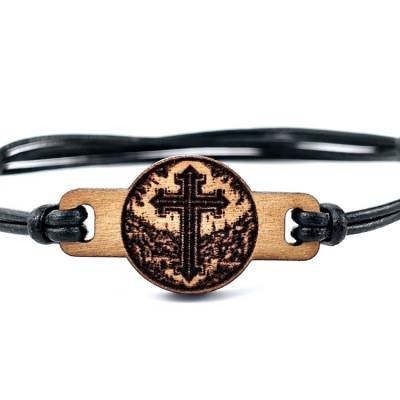 Kreuzarmband aus Kirschbaumholz mit Jerusalem-Motiv und verstellbarem Rindslederband