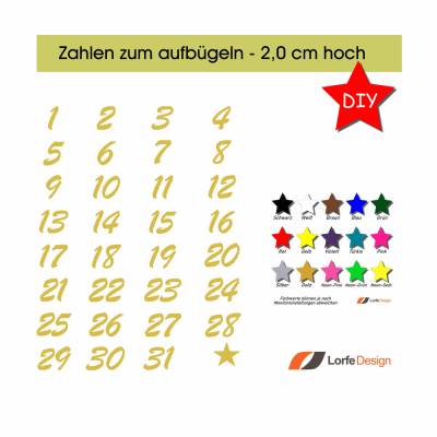 Zahlen zum aufbügeln / 1 - 31 / 2,0 cm hoch / Bügelzahlen / Bügelbild / Farbauswahl