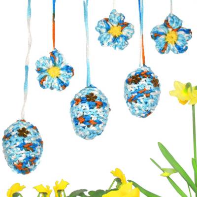 Ostereier Set gehäkelt – 3 Ostereier & 3 Blüten zum Aufhängen in orange, weiß, türkis & blau – Handarbeit Osterdeko