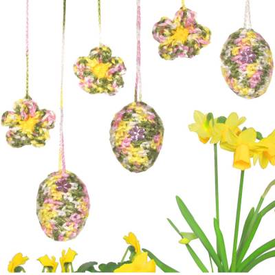 Ostereier Set gehäkelt – 3 Ostereier & 3 Blüten in Pastellfarben zum Aufhängen – Handarbeit Osterdeko rosa weiß grün gelb
