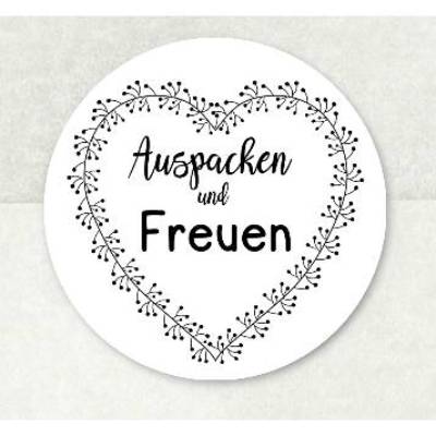 Sticker Aufkleber, mit HERZ zarter Blätterkranz, AUSPACKEN und FREUEN, Etikett modern schwarz weiss, by BuntMixxDESIGN