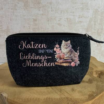 Kosmetiktasche aus Filz bedruckt mit Katzenmotiv und Katzenspruch - Geschenkidee für Katzenfreunde und Katzenliebhaber