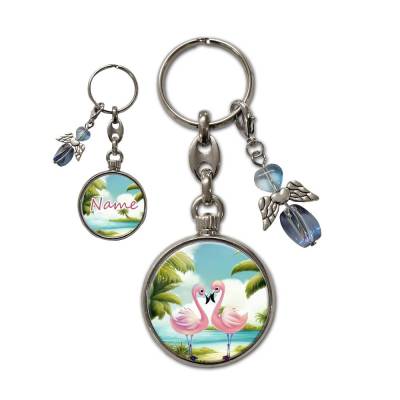 Metall Schlüsselanhänger mit Name und Flamingo Motiv | abnehmbarer Schutzengel in 3 Farben zur Auswahl