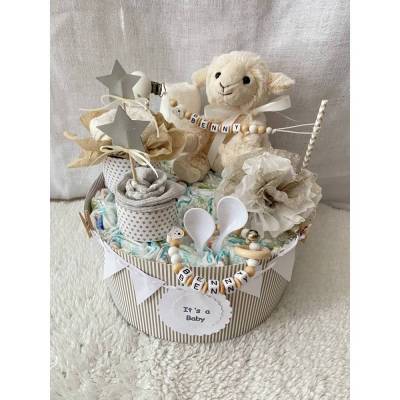 Windeltorte schaf baby babyshower taufe geburt party schnullerkette  mit Name ..  geschenk türkis boho beige weiss grau